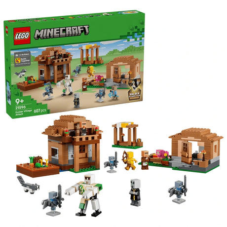 LEGO Minecraft Evoker Village Attack 21596 box with village buildings, figures and animals