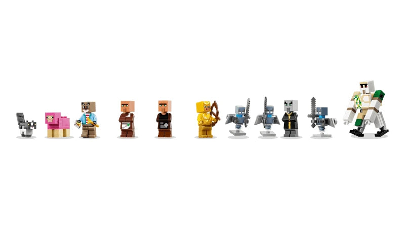 LEGO Minecraft figure lineup with cat, sheep, villagers, adventurer, vexes, evoker and iron golem