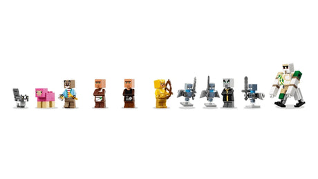 LEGO Minecraft figure lineup with cat, sheep, villagers, adventurer, vexes, evoker and iron golem