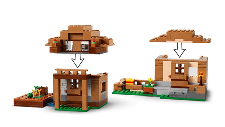 LEGO Minecraft village buildings with lift off roof sections shown above the builds