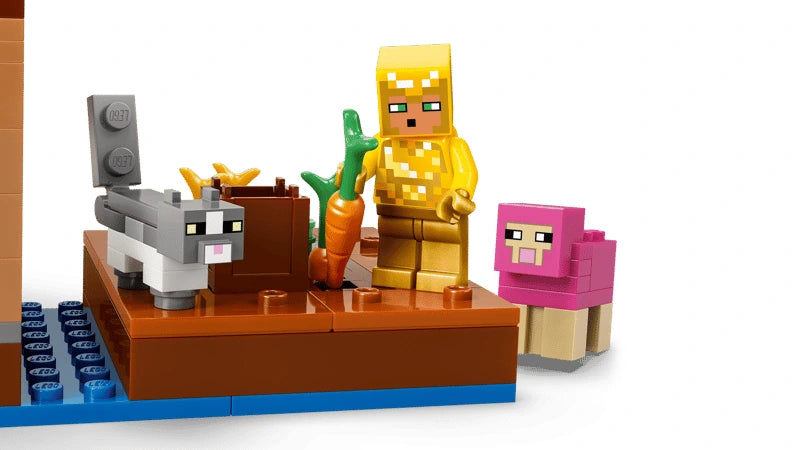 LEGO Minecraft Racoon Adventurer figure beside a cat, sheep and garden build