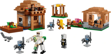 LEGO Minecraft village builds with iron golem, evoker, vexes, villagers, sheep and cat figures