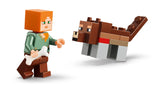LEGO Minecraft Alex figure holding a bone beside a wolf figure