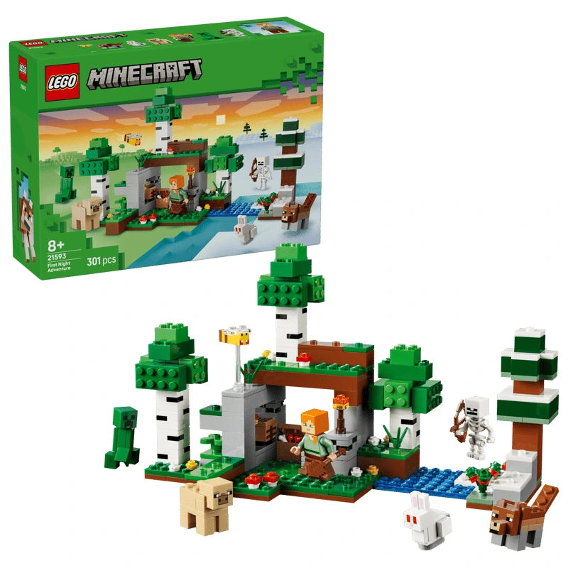 LEGO Minecraft First Night Adventure 21593 box with shelter scene, trees, figures and animals