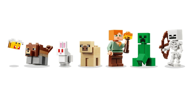 LEGO Minecraft figure lineup with bee, wolf, rabbit, pig, Alex, Creeper and skeleton