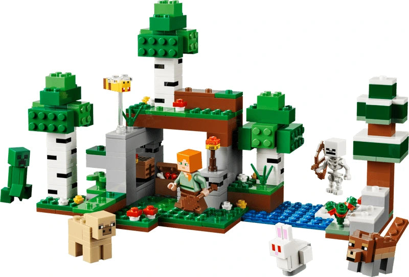 LEGO Minecraft shelter scene with trees, Alex, skeleton, Creeper, bee, rabbit, wolf and pig figures