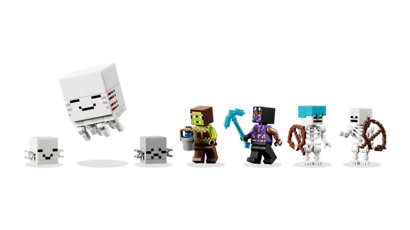 LEGO Minecraft ghast figures, skeletons, ghast keeper and aeronaut figure lineup