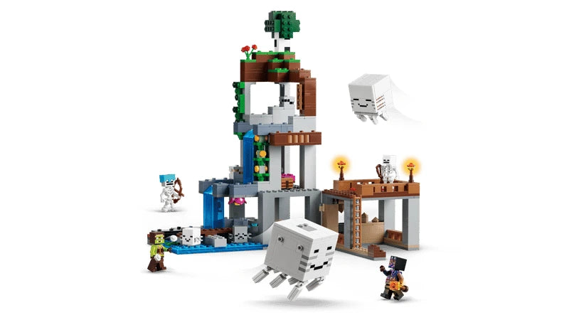 LEGO Minecraft Ghast Station build with flying ghast, bridge, figures and cave tower