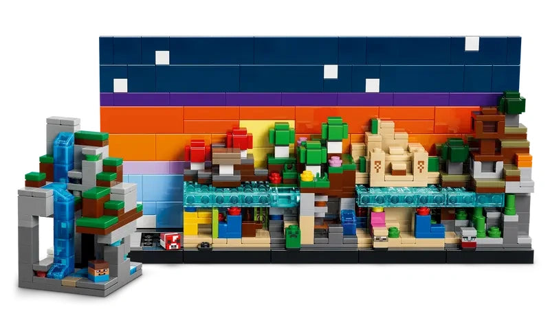 LEGO Minecraft Mini Biomes display with mountain, forest, desert, mushroom and savanna scenes shown against a day and night reversible backdrop on a white background