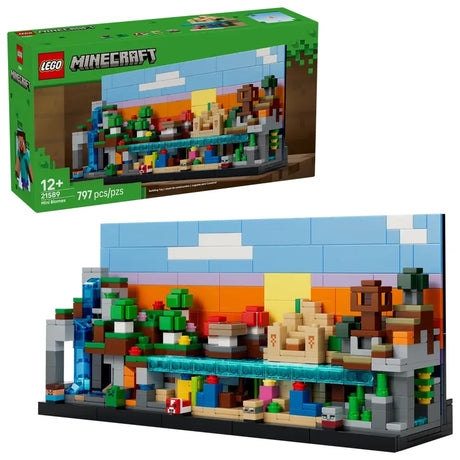 LEGO Minecraft Mini Biomes display showing five compact biome scenes, reversible backdrop, detailed terrain sections and retail box on a white background