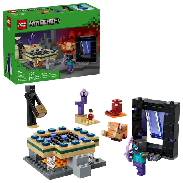 LEGO Minecraft box shown next to the assembled LEGO set, including a black rectangular portal build, a tan and green platform, three LEGO figures, a small orange animal figure, a purple pillar piece and a red block