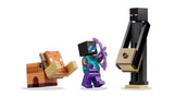 Three assembled LEGO figures on a white background: a tall black figure holding a tan block, a minifigure holding a purple bow, and a small orange animal figure