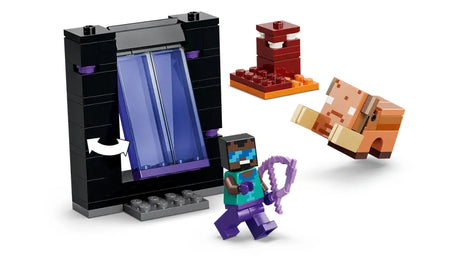 Black rectangular LEGO portal build with translucent panels on a base, shown with a minifigure holding a purple bow, a small orange animal figure and a red LEGO block