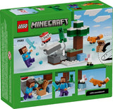 LEGO Minecraft Steve’s Taiga Adventure back of box packaging with Steve holding a blue sword, a green Creeper, an orange fox, a white bunny, a TNT block and a blocky tree, plus three small scene panels