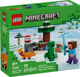LEGO Minecraft Steve’s Taiga Adventure box front showing the set artwork, LEGO and Minecraft logos, age 6 plus marking and 79 piece count
