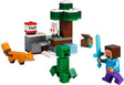 LEGO Minecraft Steve’s Taiga Adventure build showing a blocky tree, terrain pieces, Steve figure, green Creeper figure, orange fox figure and white bunny figure