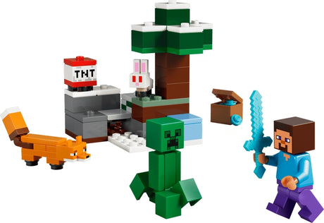 LEGO Minecraft Steve’s Taiga Adventure build showing a blocky tree, terrain pieces, Steve figure, green Creeper figure, orange fox figure and white bunny figure