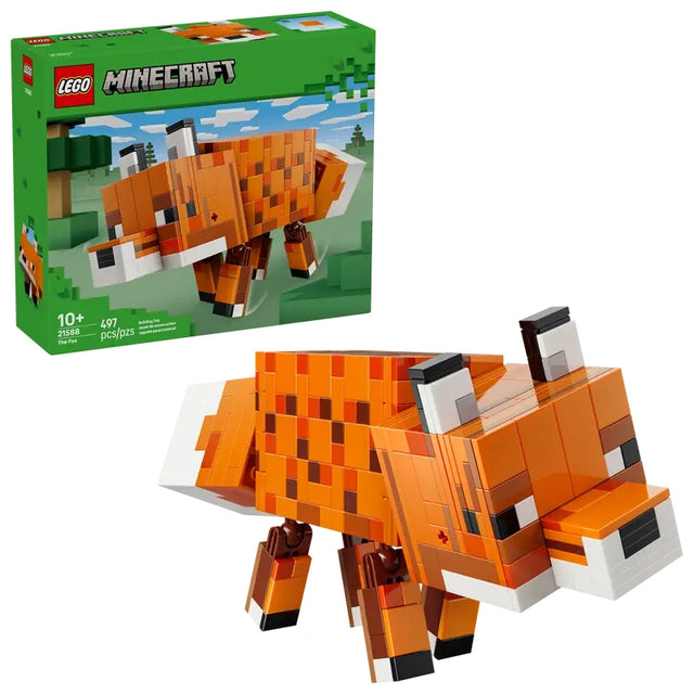 LEGO Minecraft The Fox 21588 figure posed next to the set box, showing movable legs, head and neck
