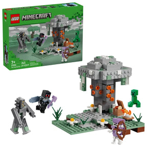 LEGO Minecraft The Pale Garden 21586 assembled set with box, pale oak tree, Mothman minifigure, Creeper, skeleton, resin clumps, campfire, storage chest and porkchop on white background