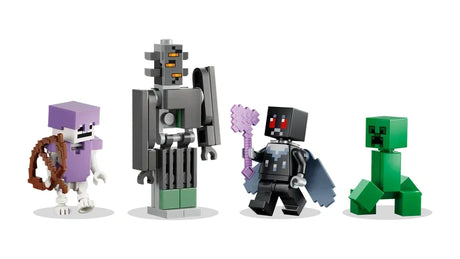 LEGO Minecraft The Pale Garden 21586 minifigure lineup showing Mothman with wings and axe, Creeper, skeleton with bow and diamond armour, and brick-built creaking on white background