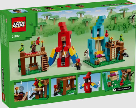 Back of LEGO Minecraft The Parrot House 21282 box showing functions and alternate play angles – Ireland