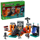 LEGO Minecraft Wither Battle 21590 full set assembled with box, showing Nether shrine, portal, Crimson Warrior, 2 wither skeletons, strider, magma cube and wither boss
