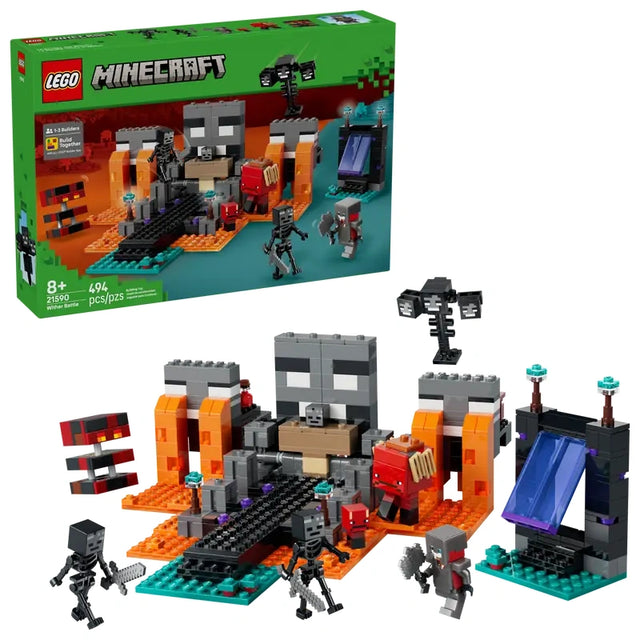 LEGO Minecraft Wither Battle 21590 full set assembled with box, showing Nether shrine, portal, Crimson Warrior, 2 wither skeletons, strider, magma cube and wither boss