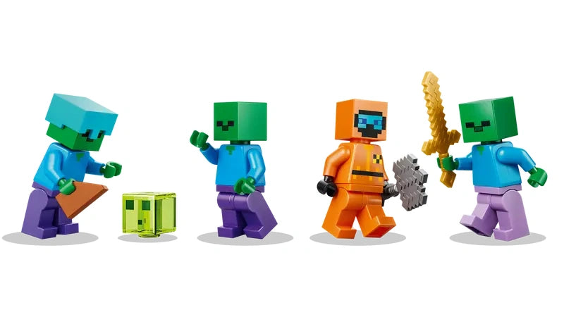 LEGO Minecraft Zombie Dungeon character lineup showing three zombie figures, a slime figure and a Wastelands Wanderer character with accessories on a white background