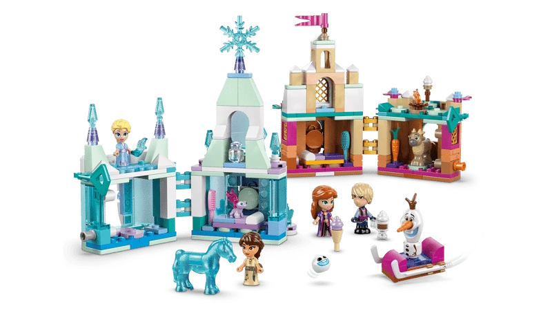 LEGO Mini Arendelle Castle & Elsa's Ice Palace 43278 opened to show the interior rooms of both mini castles with Elsa, Anna, Kristoff, Honeymaren, Olaf, The Nokk and accessories