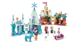 LEGO Mini Arendelle Castle & Elsa's Ice Palace 43278 opened to show the interior rooms of both mini castles with Elsa, Anna, Kristoff, Honeymaren, Olaf, The Nokk and accessories
