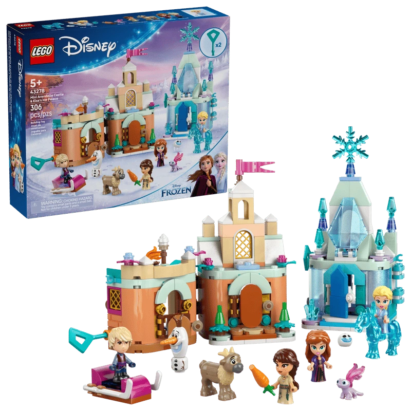 LEGO Mini Arendelle Castle & Elsa's Ice Palace 43278 set with product box, two mini castles, Elsa, Anna, Kristoff, Honeymaren, Olaf, The Nokk, Bruni, baby reindeer and Snowgie