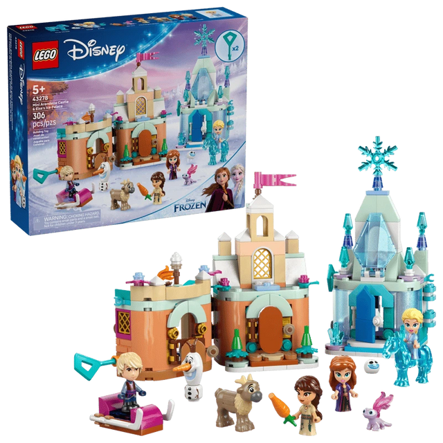 LEGO Mini Arendelle Castle & Elsa's Ice Palace 43278 set with product box, two mini castles, Elsa, Anna, Kristoff, Honeymaren, Olaf, The Nokk, Bruni, baby reindeer and Snowgie