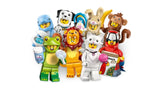 Selection of LEGO Minifigures Animals Series 28 minifigures grouped together wearing mixed animal costumes with small handheld accessories visible
