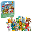 LEGO Minifigures Animals Series 28 71051 shown with sealed mystery pack and a full group of animal costume minifigures arranged in front

