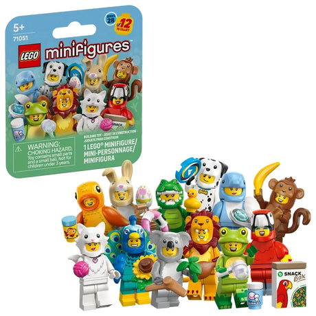 LEGO Minifigures Animals Series 28 71051 shown with sealed mystery pack and a full group of animal costume minifigures arranged in front
