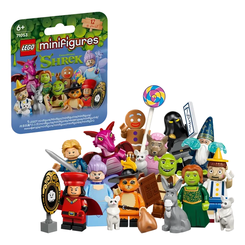 LEGO Minifigures Shrek Series 71053 mystery box beside the complete character lineup