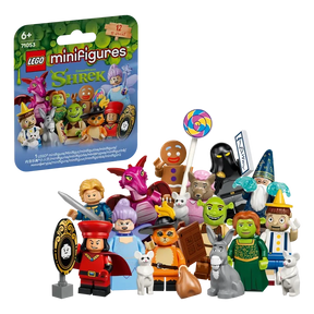LEGO Minifigures Shrek Series 71053 mystery box beside the complete character lineup