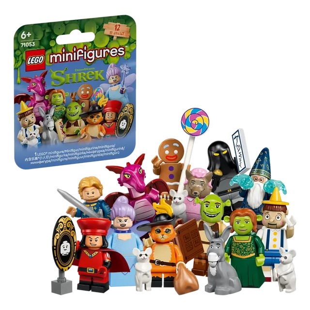 LEGO Minifigures Shrek Series 71053 mystery box beside the complete character lineup