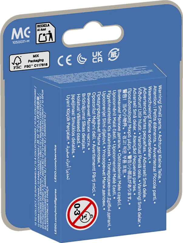 Rear of the LEGO Minifigures Shrek Series 71053 box showing blue packaging, safety icons and product information