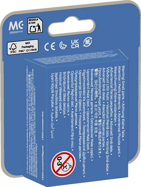 Rear of the LEGO Minifigures Shrek Series 71053 box showing blue packaging, safety icons and product information