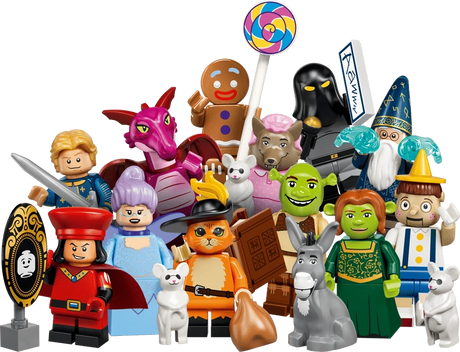 Full LEGO Shrek Series 71053 lineup including Shrek, Fiona, Donkey, Dragon, Puss in Boots and Gingy