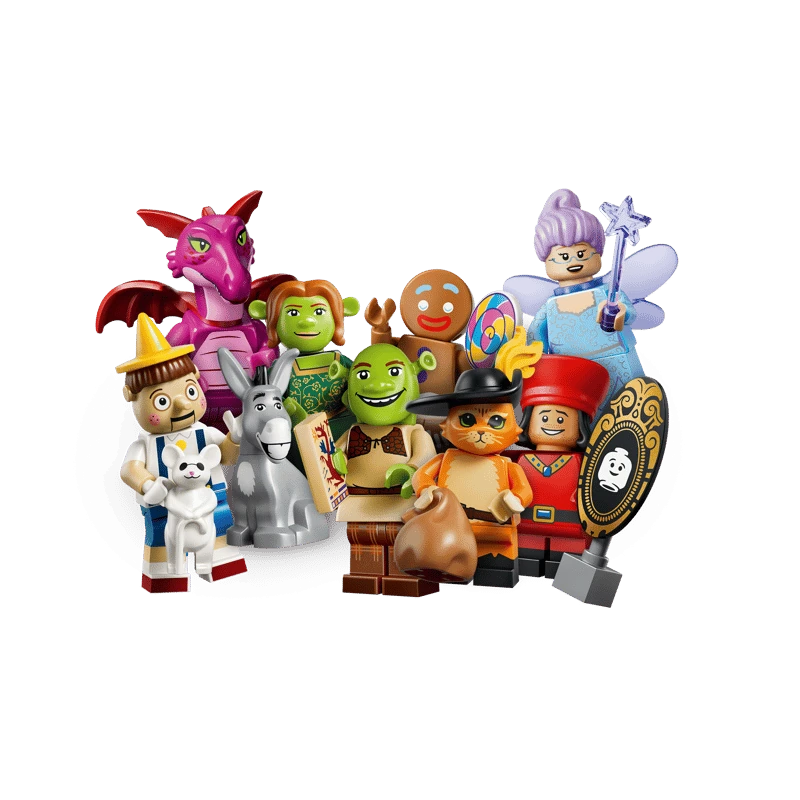 LEGO Shrek Series characters grouped together with Shrek, Fiona, Donkey and Puss in Boots at the front