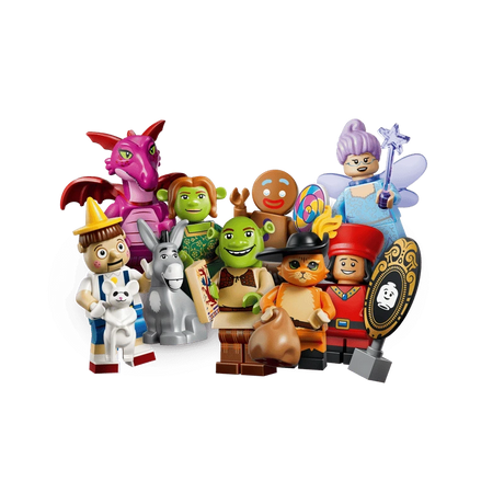 LEGO Shrek Series characters grouped together with Shrek, Fiona, Donkey and Puss in Boots at the front