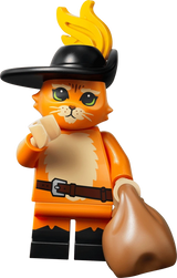 LEGO Puss in Boots minifigure in black feathered hat and belt holding a brown sack
