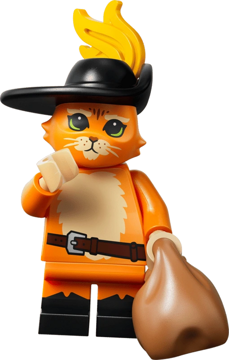 LEGO Puss in Boots minifigure in black feathered hat and belt holding a brown sack