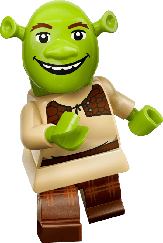 LEGO Shrek minifigure smiling in a cream tunic, brown vest and brown trousers
