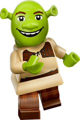 LEGO Shrek minifigure smiling in a cream tunic, brown vest and brown trousers