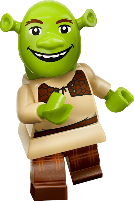 LEGO Shrek minifigure smiling in a cream tunic, brown vest and brown trousers