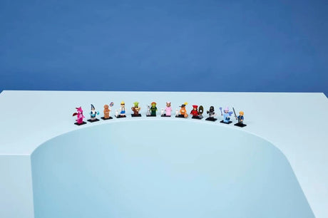 LEGO Shrek Series characters arranged in a curved row on a white display surface against a blue background