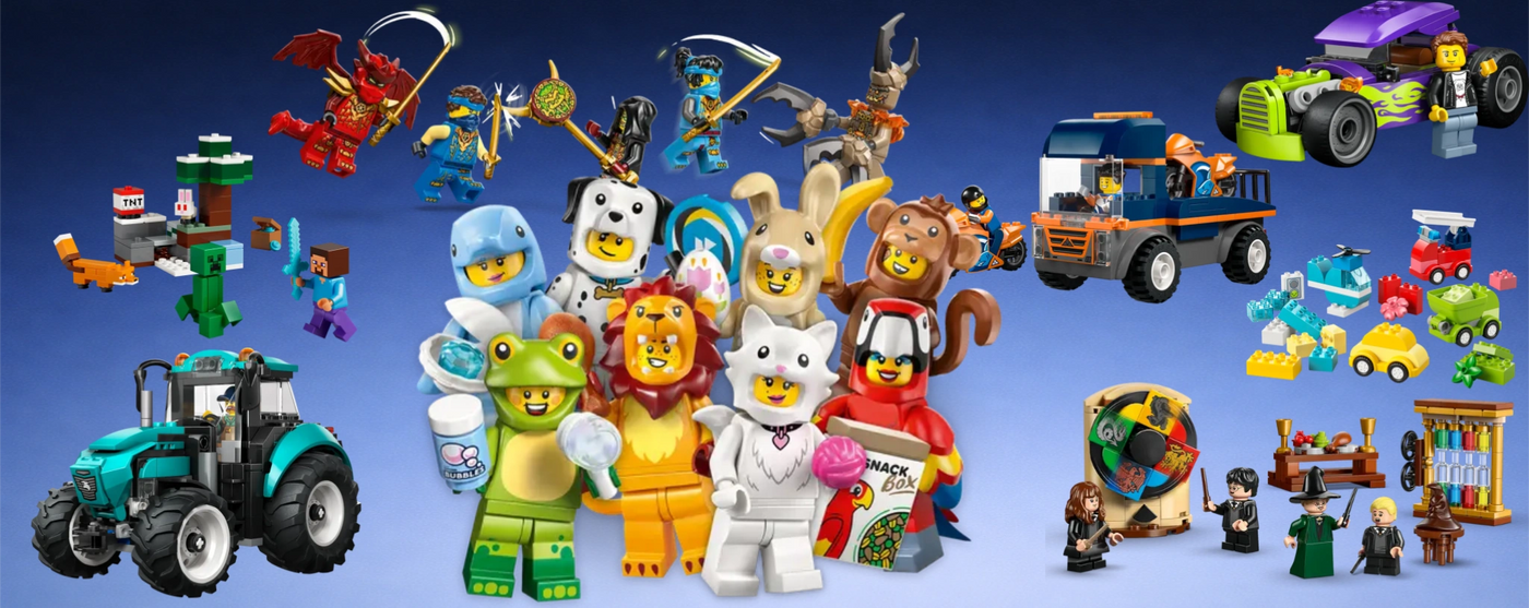 LEGO new releases collage showing animal costume minifigures in the centre, with surrounding LEGO sets including a green tractor, trucks, cars, small builds, action figures, and character scenes arranged on a blue background